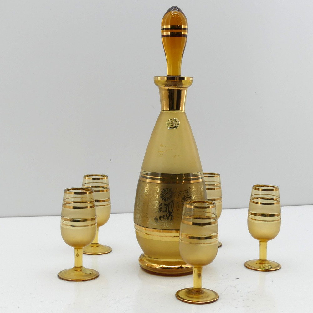Bohemia Glass Czechoslovakia Amber Gold Decanter Six Glasses Set Vintage Barware